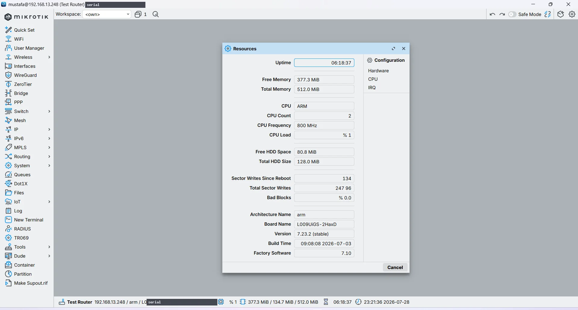 تأكد أن الراوتر يعمل على RouterOS v7 من System ثم Resources